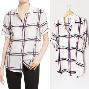 Equipment Femme 100% Silk Short Sleeve Silk Engineered Large Marais Plaid Shirt